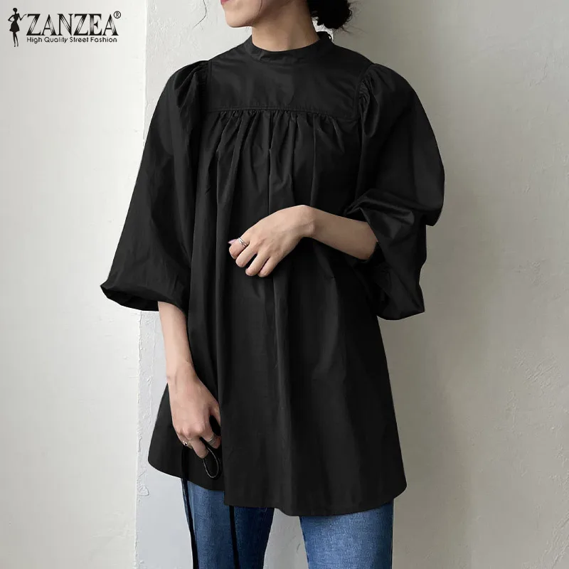 

O-Neck Solid High Low New Korean Loose Tops All-Match Holiday Casual Elegant Shirt ZANZEA Autumn Women Puff Full Sleeve Blouse