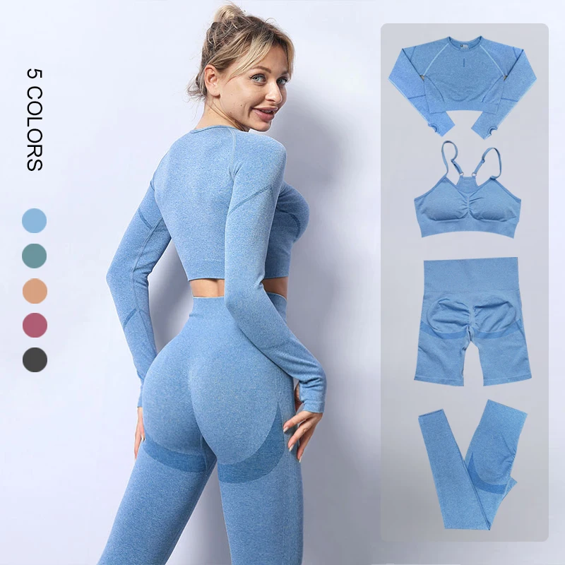 

Seamless Women Yoga Set Workout Sportswear Gym Clothing Fitness Long Sleeve Crop Top High Waist Leggings Sports Suits Shorts set