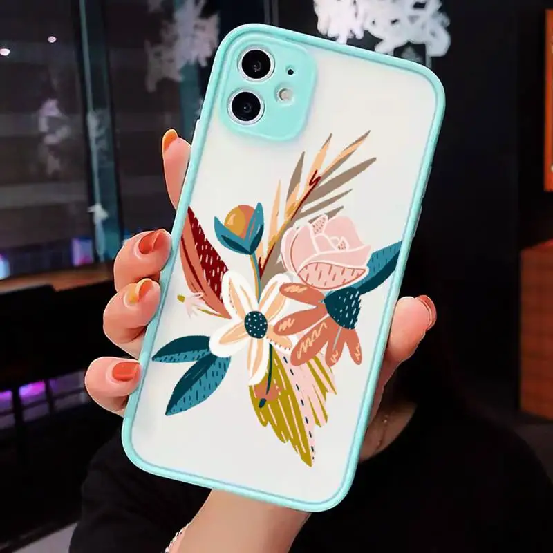 

Flower leaves retro Peony daisy Phone Case Matte Transparent for iPhone 7 8 11 12 s mini pro X XS XR MAX Plus cover funda