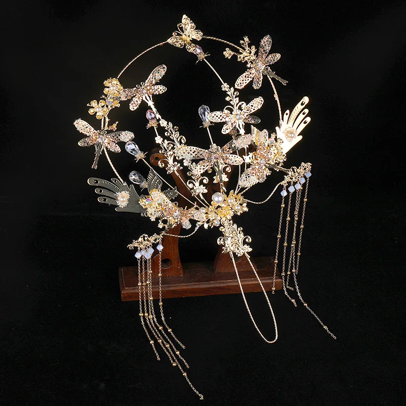 Ажурный китайский винтажный свадебный веер-букет Золотая круглая Веерная