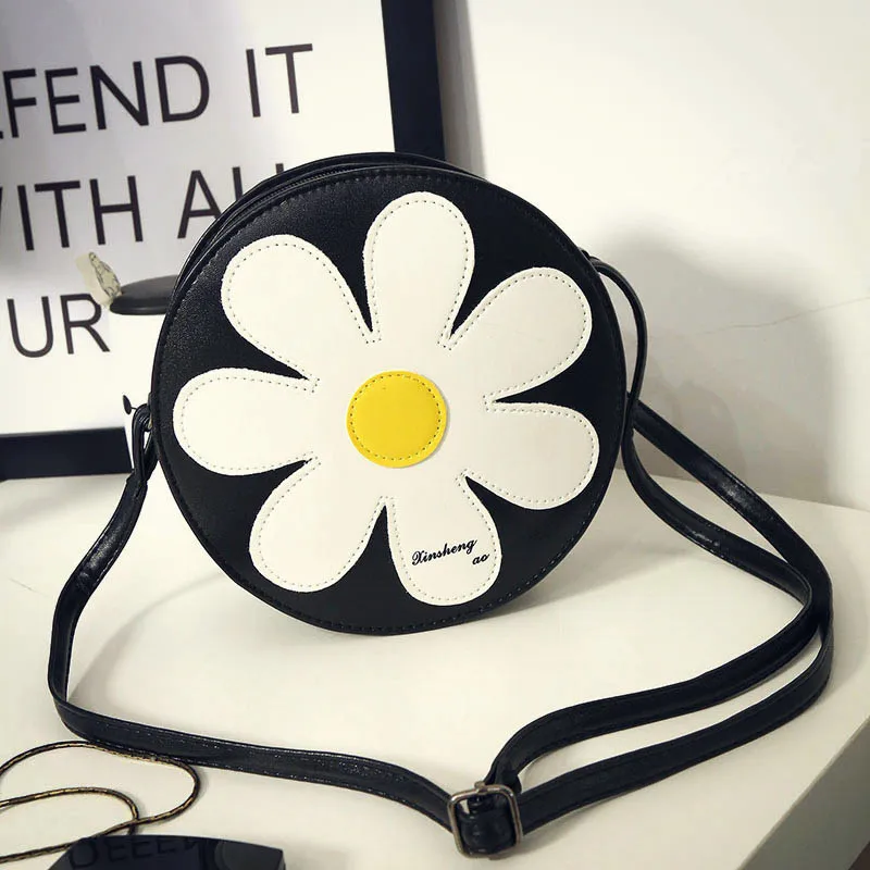 

New Fashion Women Sunflower Messenger Shoulder Bag Cartoon Cute PU Leather Zipper Phone Bags Girls Casual Black Circular Handbag