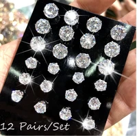 crystal zircon studs earrings for women worker fashion shiny six claw 12 pairs stud earring wedding party ear jewelry wholesale