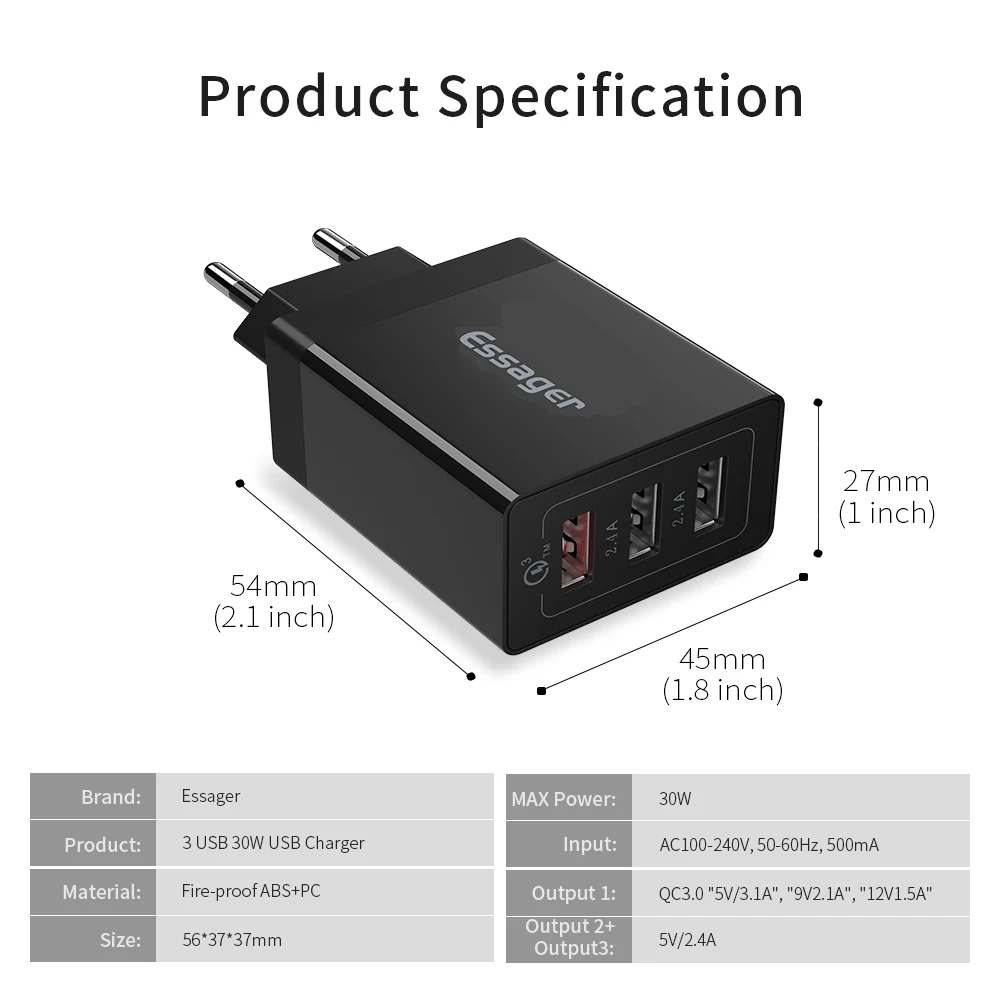 Essager USB зарядное устройство QC3.0 30 Вт Быстрая зарядка 3,0 настенное зарядное устройство для iPhone Xiaomi samsung Быстрое зарядное устройство адаптер зарядного устройства для мобильного телефона