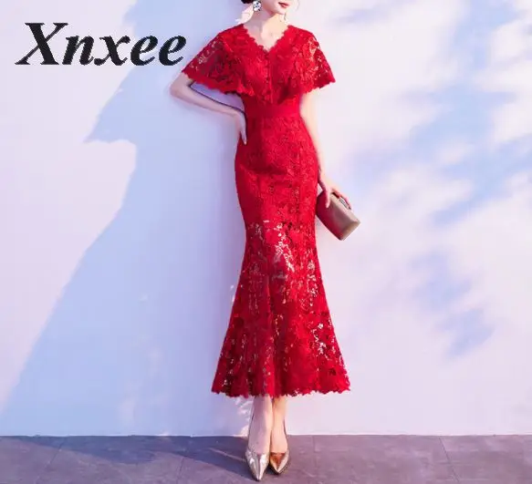 Xnxee сексуальное однотонное Красное Кружевное длинное платье с длинным рукавом