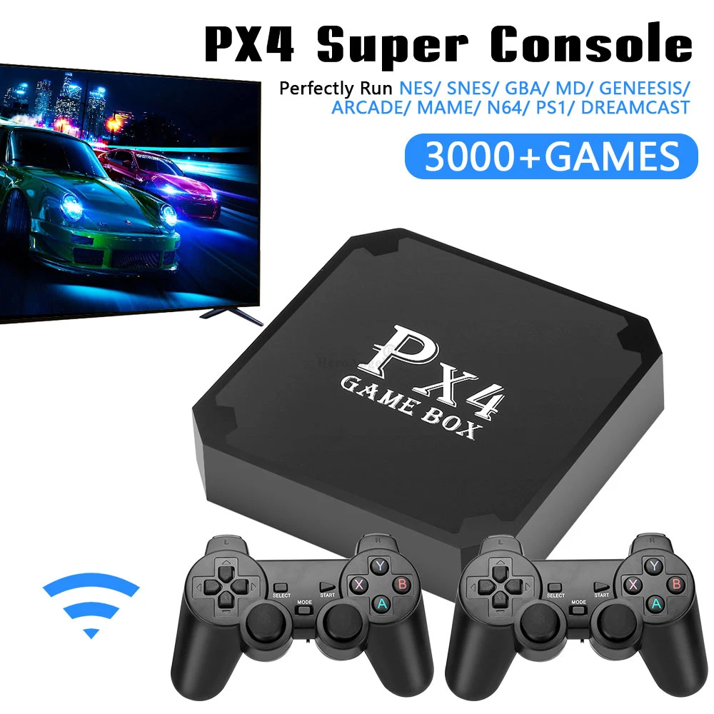 

Игровая ТВ-Консоль PX4, 4K HD, беспроводная, 4000 + встроенных игр, 2,4G, ретро-консоль, поддержка PS1