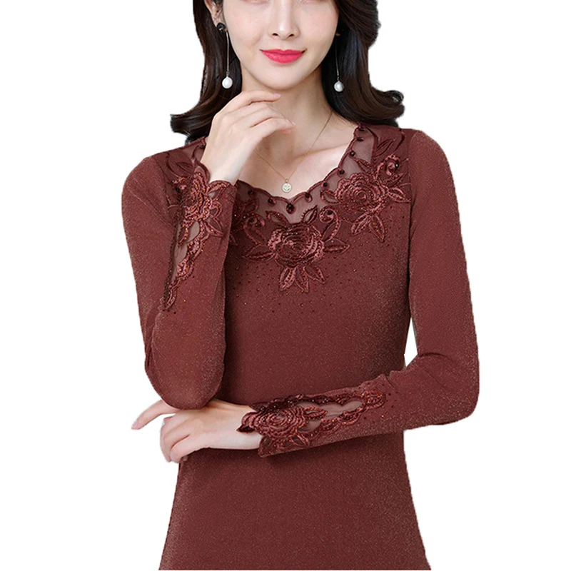 Женская Кружевная футболка из искусственного серебра с длинными рукавами и