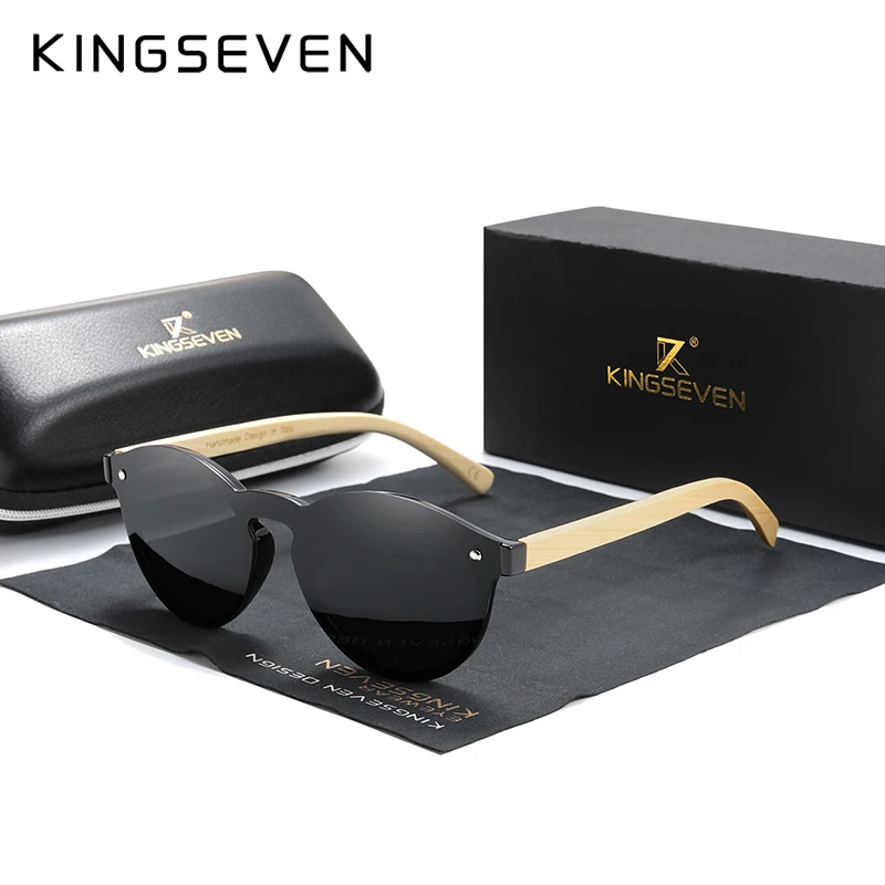 KINGSEVEN поляризованные мужские очки с логотипом под заказ из бамбука, деревянные Винтажные Солнцезащитные очки с защитой от уф400 лучей, модные женские очки - Цвет линз: black Bamboo