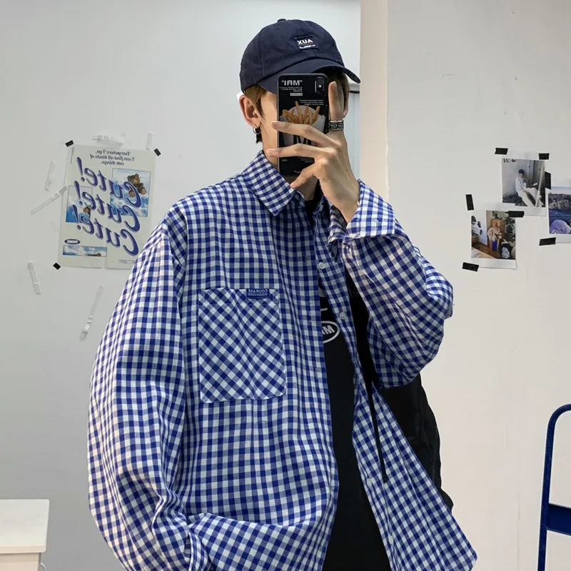 

E-BAIHUI мужские Harajuku плед Винтаж рубашки 2020 человек Японская уличная одежда Карманы Рубашки с длинным рукавом мужская Повседневное рубашка на...