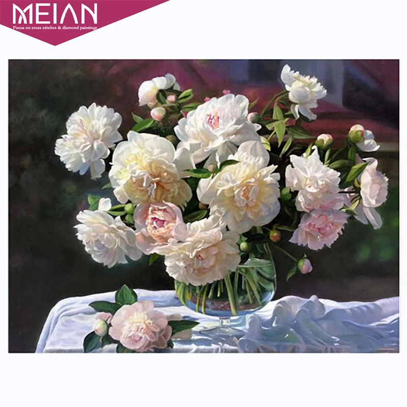 Набор для вышивки крестиком Meian полностью просверленные белые цветы пиона