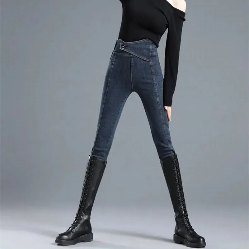 Vintage Blue High Waist Jeans For Women New Side Zipper Slim Skinny Pencil Pants Streetwear Double Breasted Cross Denim Trousers