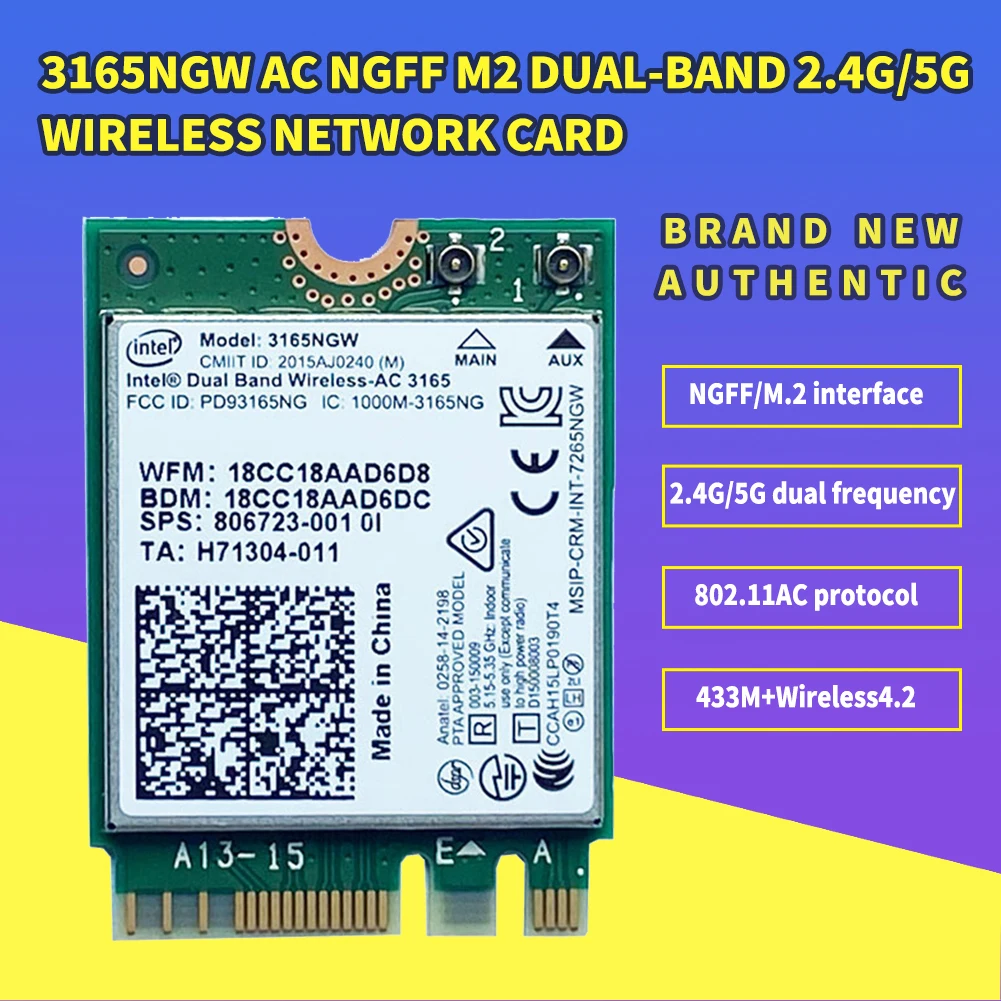 

Dual Band 2.4G/5Ghz 433Mbps Wireless-AC Intel 3165 NGFF 802.11ac WiFi 3165NGW M.2 WLAN Card Bluetooth 4.0 Network Adapter