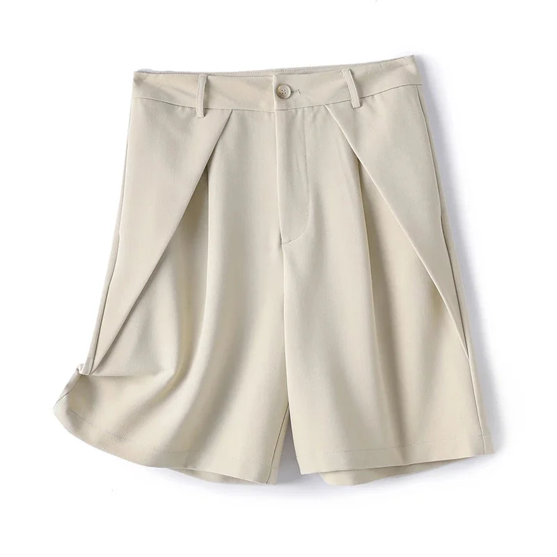 

Chic Pleated Thin Suit Shorts Female Summer Elegant High Waist Loose Wide Leg Casual Black Formal Shorts Women Clothing