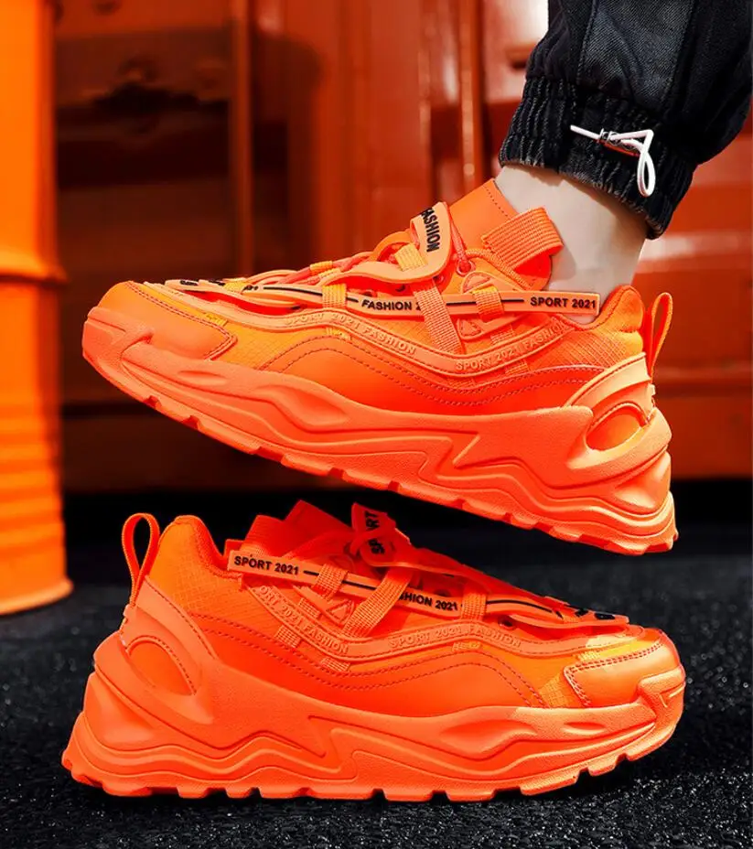 

Men Shoes PU Mesh Breathable Walking Outdoor Sneakers 2021 Spring Autumn Unisex Light Soft Thick Sole Shoes Green Orange 5 Coior