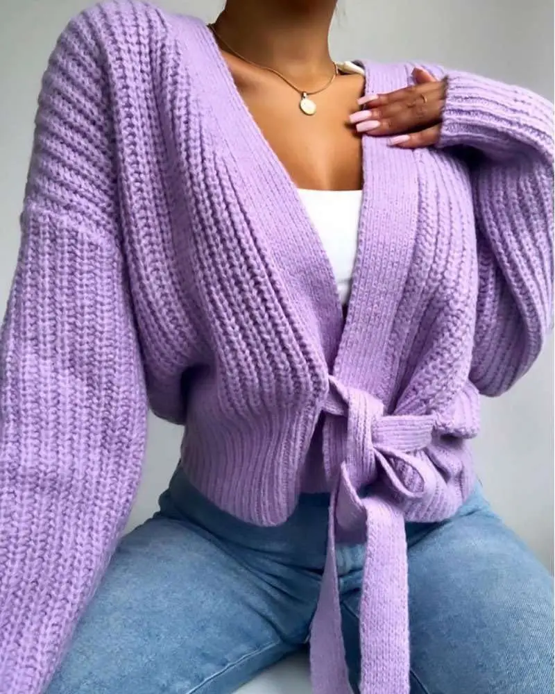 

2020 New Women's Sweater Solid Color V-Neck Lace Up Bow Jumpers Lattern Sleeve Loose Cardigan Female Spring Autumn Knitted Coat