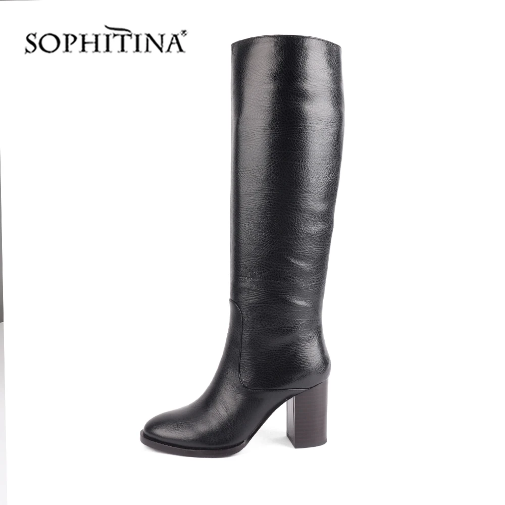 SOPHITINA/Новые сапоги до колена; удобная модная женская обувь с круглым носком на квадратном каблуке; сапоги из натуральной кожи; PC217