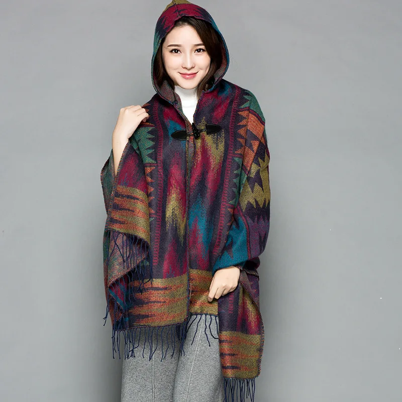 

Вязаная Шаль для путешествий в национальном стиле, женский осенне-зимний уличный шарф с капюшоном для женщин из пашмины
