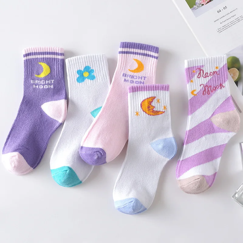 

5 Pairs Pack Women Lady Moon Light Flower Print Middle Tube Socks Set Student Breathable Long Socks calcetines skarpetki damskie