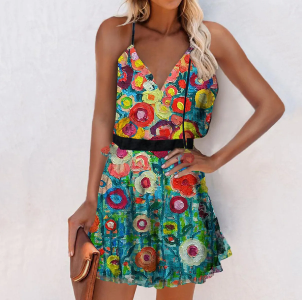 

Summer Y2k Vintage Elegant Women's Dress V-neck Printed Sleeveless Ruffled Suspender Plus Size Lady Dresses 2021 Vestidos