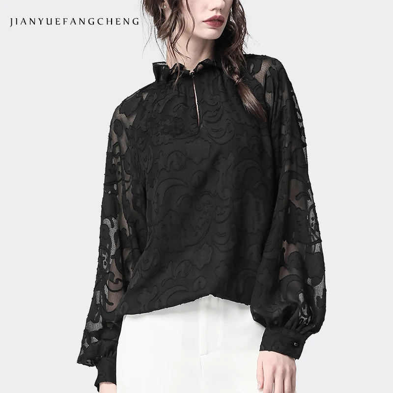 Женская обувь с цветочной вышивкой блузки воротник-стойка рукав-фонарик