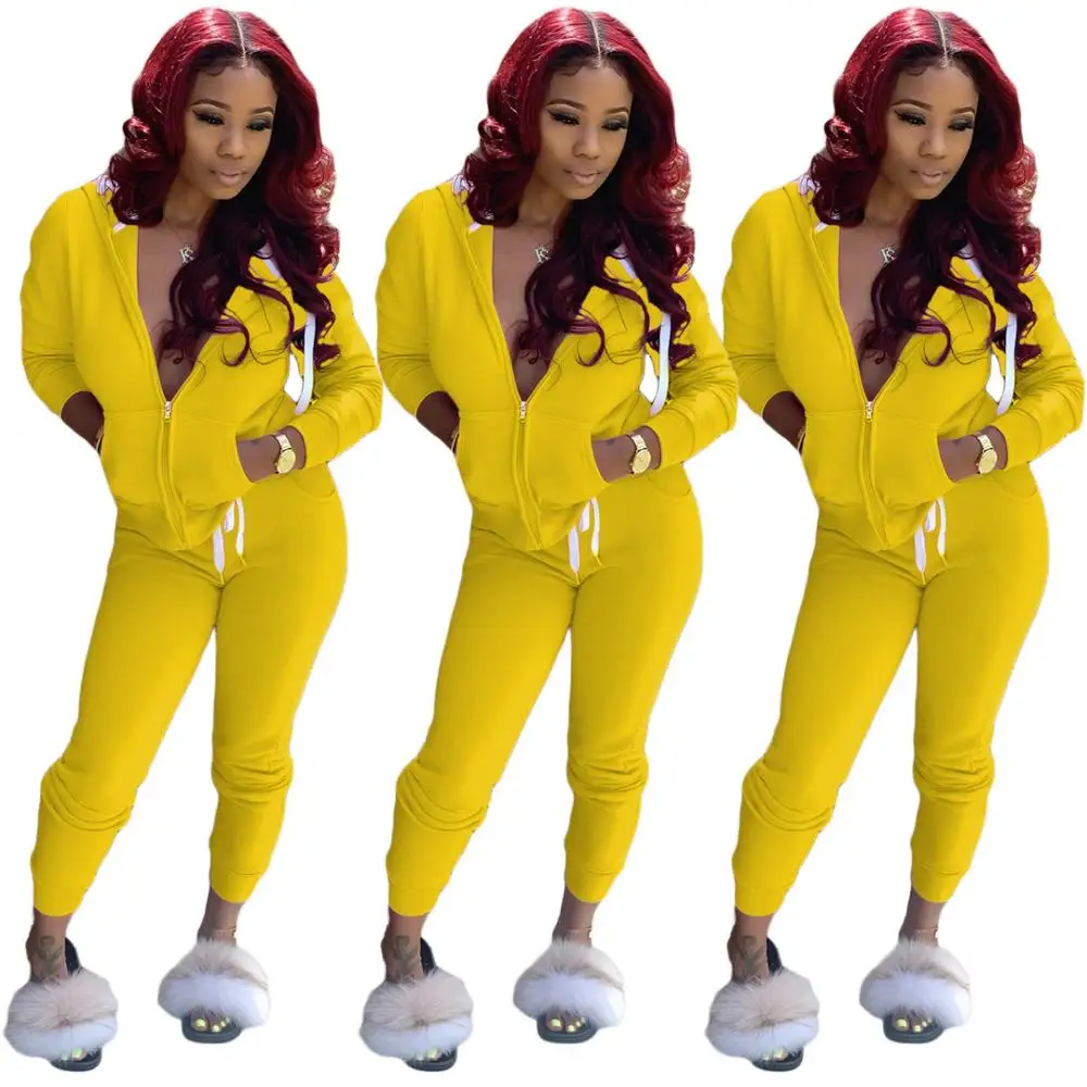 

Long Sleeves Solid Color Zipper Hooded Tops Drawstring Trousers Women Tracksuits 2020 Autumn Casual Sports 2 Piece Set