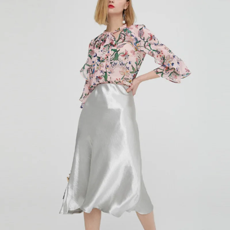 Женская атласная шелковая юбка RICORIT Однотонная средней длины женская модная