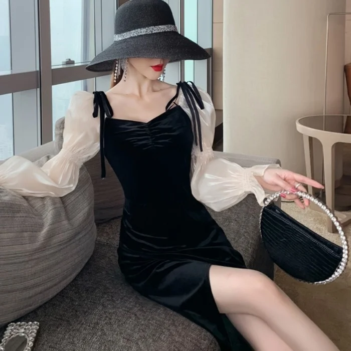 Женское бархатное платье в стиле ретро элегантное французское с пышными