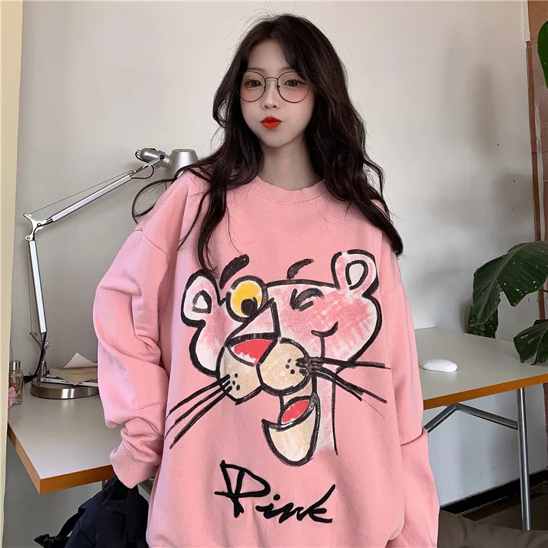 

GoneGoing 2021 New Spring Women Fashion Korean Cartoon Print Sweatshirts Loose Casual Street Pink Long Oversize Hoodies