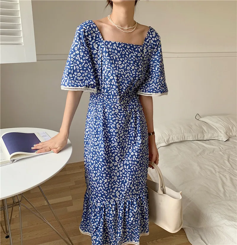 

Alien Kitty Summer Blue Florals Butterfly Sleeves Chiffon Mermaid Printed Femme Streetwear Casual Trumpets Long Dresses Vestidos