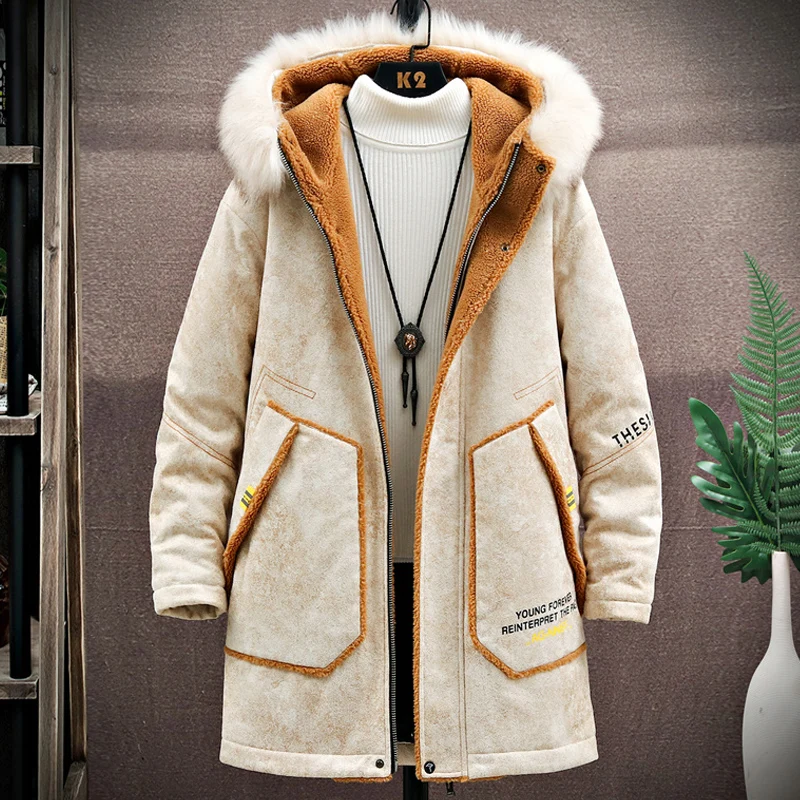 Winter Cotton-Padded Coat Men's Hooded Large Fur Collar Mid-Length Thickened Berber Fleece-Lined Wool Coat New Clothes Trendy