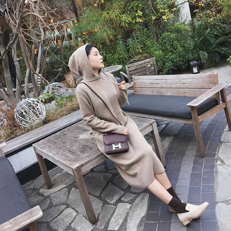 Осенне зимнее длинное трикотажное платье свитер с капюшоном|Женские платья| |