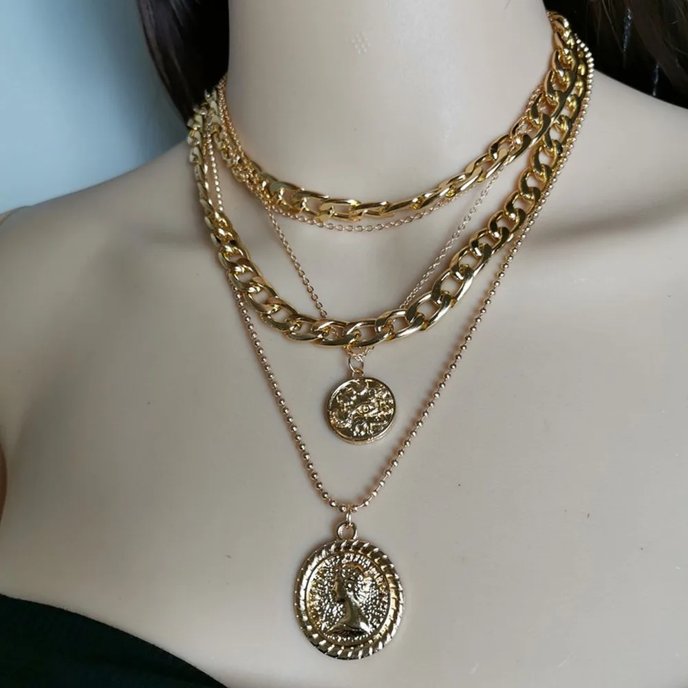 

Ретро сплава круглый голова королевы ожерелье Женская мода Многослойные колье для свитера