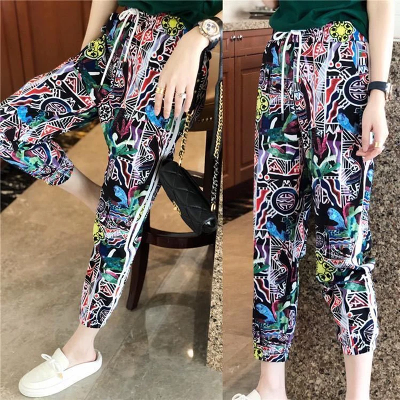 Брюки женские повседневные с цветочным принтом свободные спортивные штаны