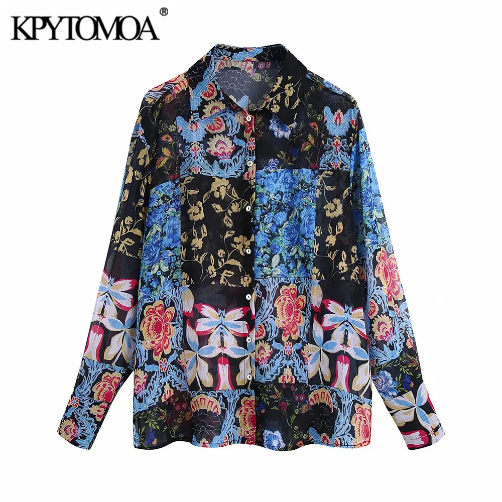 

KPYTOMOA 2021 модная женская блузка в стиле пэчворк с цветочным принтом свободные блузки винтажные женские рубашки с длинным рукавом на пуговица...