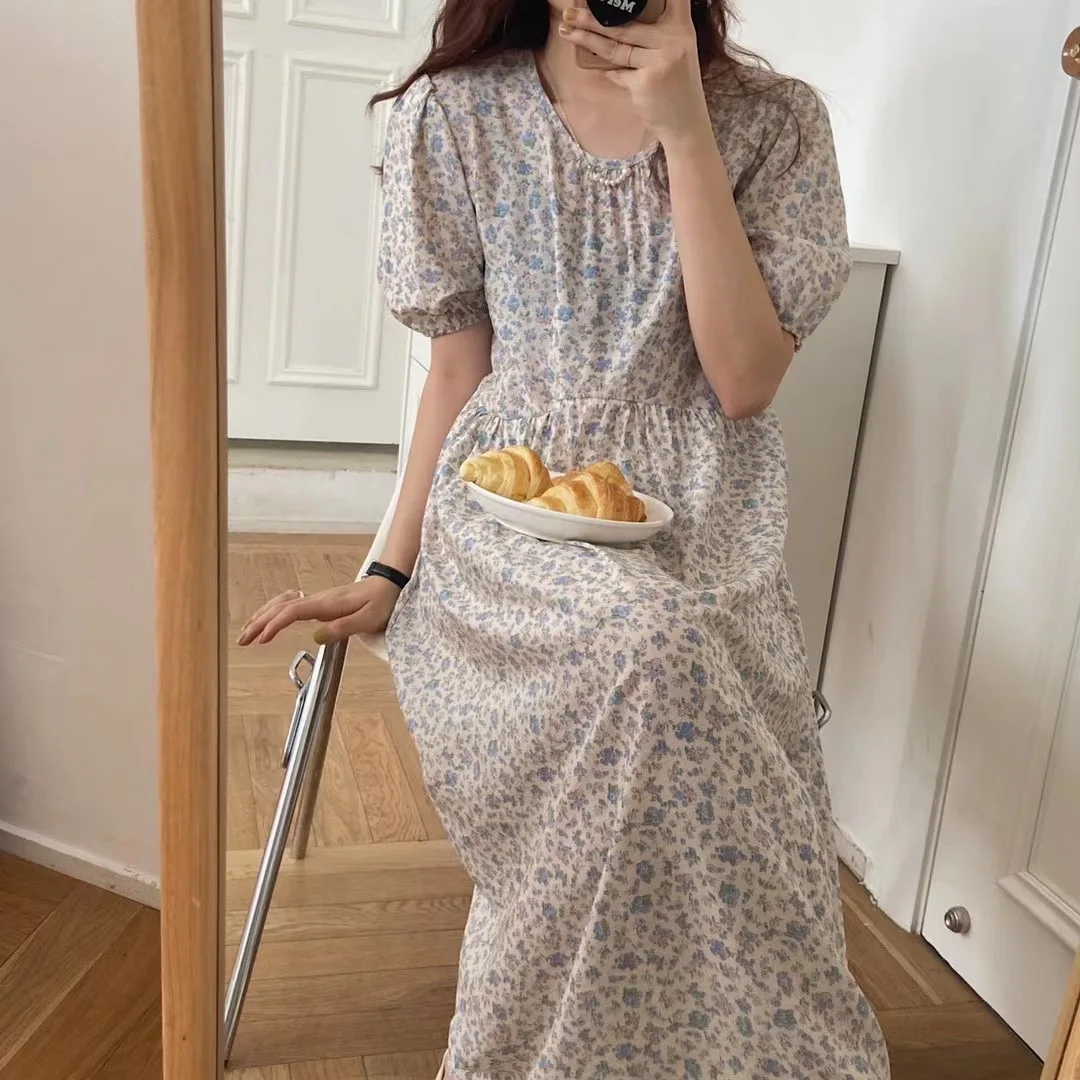

Korean Chic Niche Design Puff Sleeve Cute Youth-Looking Small Fresh Floral Mid-Length Loose Dress for Women