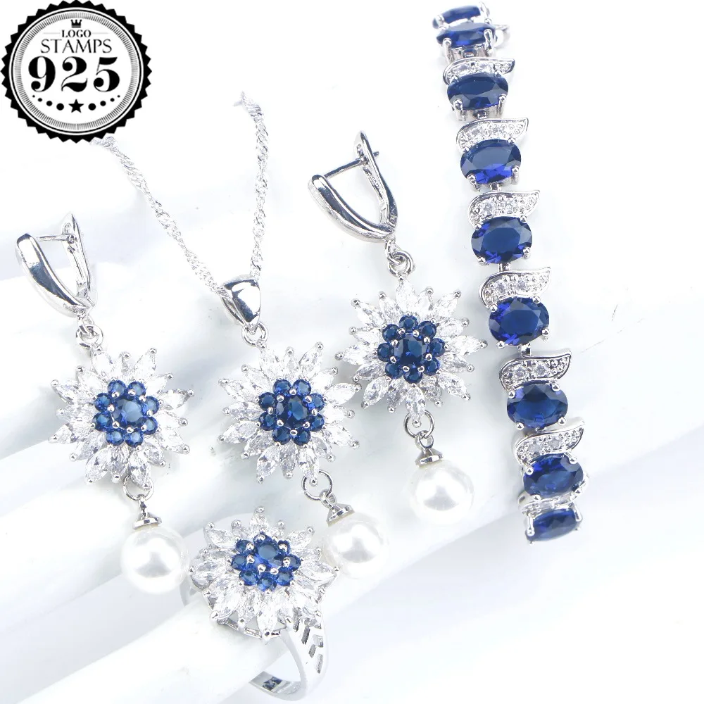 Женский комплект свадебных украшений с голубым цирконием и жемчугом серебро 925