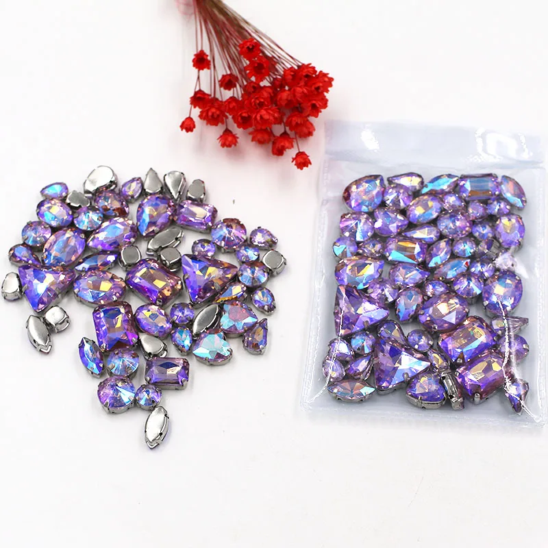 

Clothing accessories mixed shape Crystal Violet AB glass crystal sewing rhinestones with silver base for dress/garment/shoes