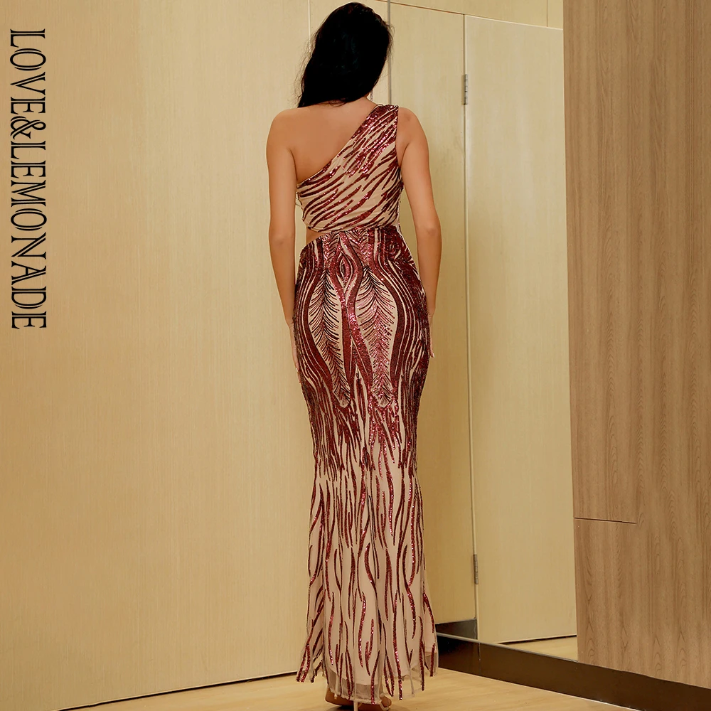 

LOVE&LEMONADE Sexy Crimson Strapless Cut Out Whit Split Positioning Sequin Maix Dress LM82686