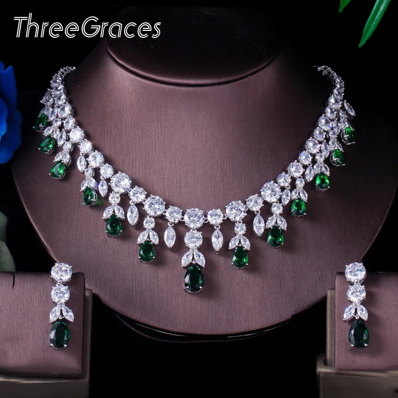 ThreeGraces Роскошные зеленые CZ каменные комплекты из серег и ожерелий блестящие большие длинные капли свадебное платье набор украшений для женщин JS256