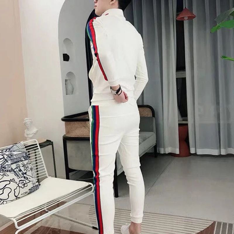 

Sweater suit spring 2020 new men's sports and leisure suit couple style sweater color striped trousers two-piece suit