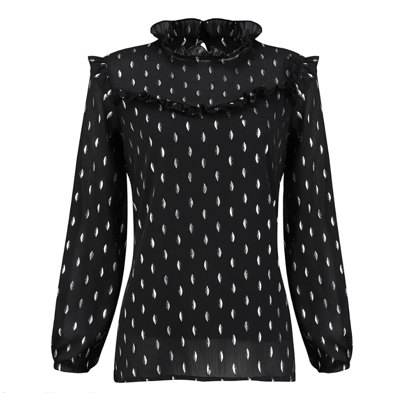 Loose Chiffon Black Blouse Women Long Sleeve Polka Dot Tops Tee Shirt Femme Ladies Transparent High Neck Kimono Shirts | Женская одежда