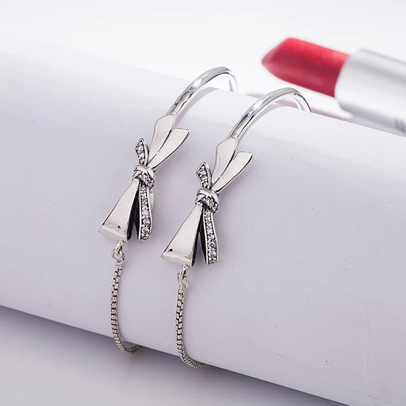 

100% 925 Sterling Silver Pan Bracelet New Gorgeous Bow Pan Bracelet Fit European Charm Bracelets Women Jewelry