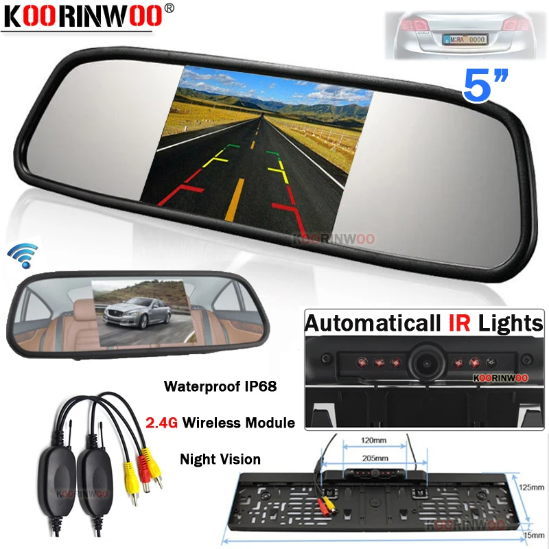 

Koorinwoo EU Car Rear view Camera IR/LED Lights Night Vision Parking Monitor System + 5" LCD Car Monitor Mirror Video Assistance