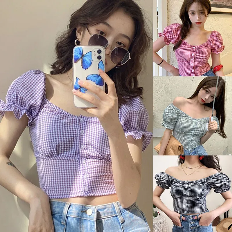 

Women's Simple Plaid Print Summer Mini Top Square Collar Short Sleeve Buttons Basic Blouse