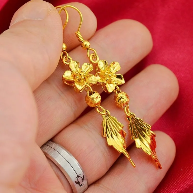 

Vietnamese Sand Gold Earrings for Women Brass 24K Gold-plated Color Earrings Bridal Fashion Rose Tassel Earrings Jewelry Gifts
