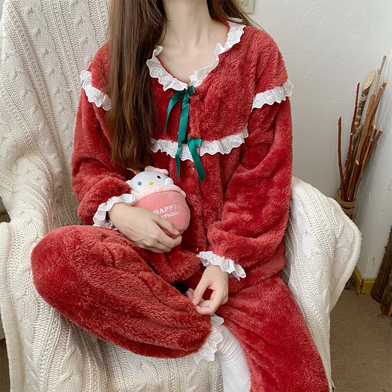 

New Style Pajamas 2 Pieces Set Women Winter Plush Lace Cute And Sweet Ladies Warm Two-piece Home Casual Wear