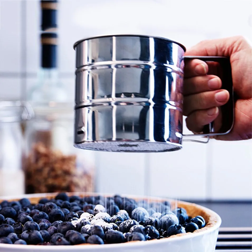 

Stainless Steel Shaker Sieve Cup Powder Mesh Crank Flour Sifter with Measuring Scale for Flour Icing Sugar Mesh Sieve Colander