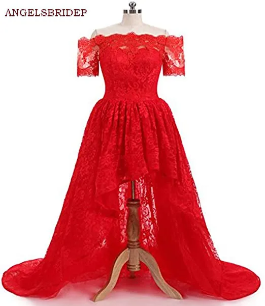 Fashion Boat-Neck High-Low Prom Dresses Vestidos de festa Half Sleeves Lace Design Special Occasion Celebrity Party Gown | Свадьбы и
