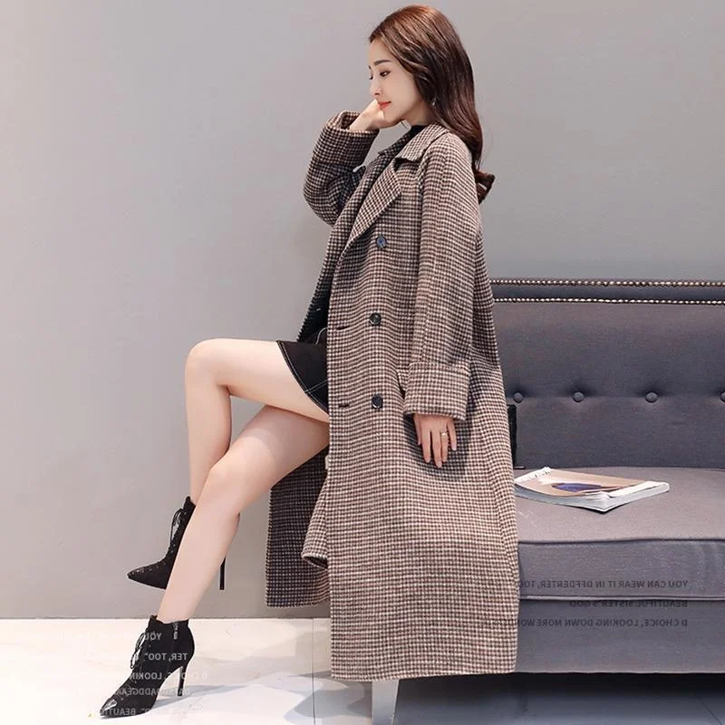 Qianniao Grid Wool Coat Women's Middle Long Over The Knee 2021 Autumn And Winter New Korean Loose Thickened Wool Coat Fashion