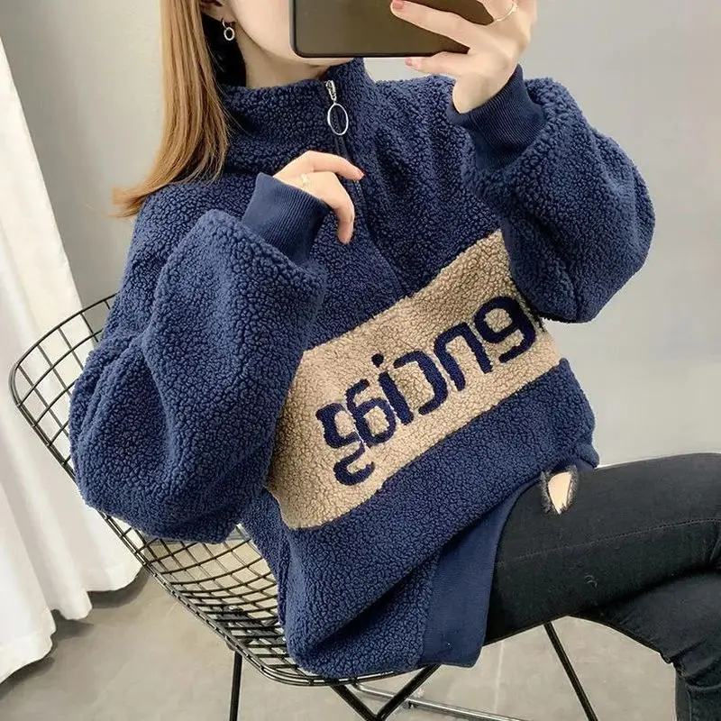

sweatshirts women Plus velvet padded jackets autumn winter 2021 new Korean fashion zipper warm high neck girl lamb coats