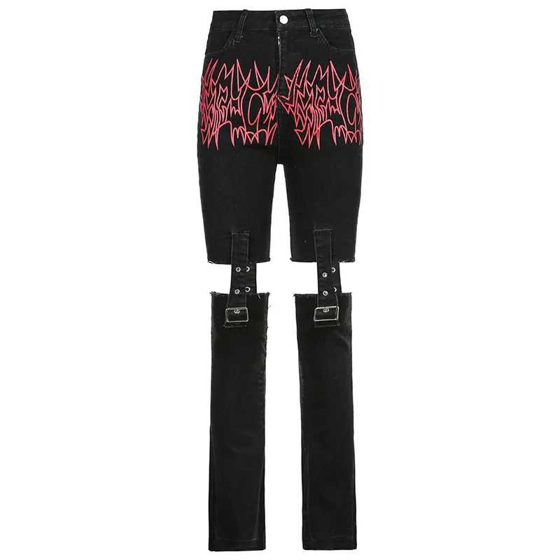 Gothic style flame print hit color streetwear personality hollow out adjustment belt stitching jeans pants women